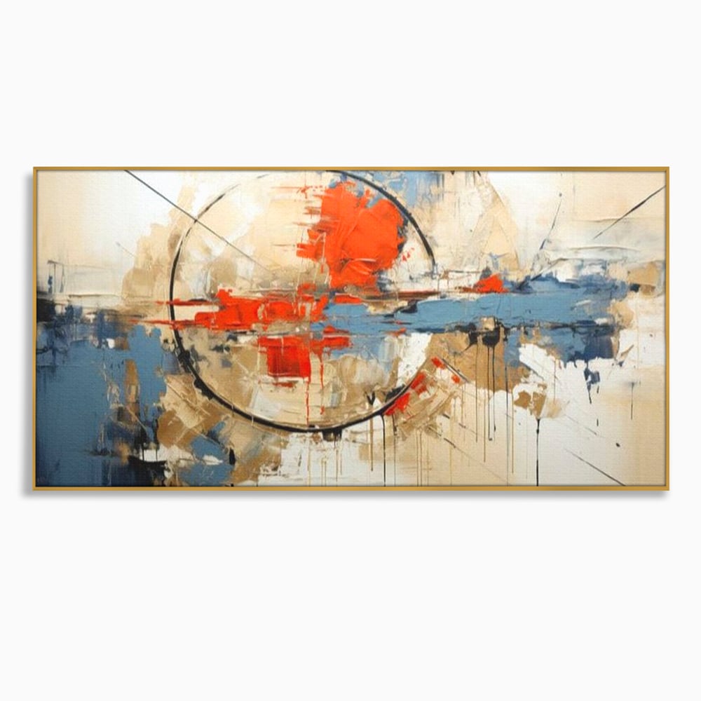 Tablou canvas cu pictura abstracta cu cerc negru si pete rosii, in rama de aluminiu auriu